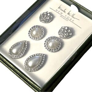 NWT Nicole Miller Teardrop Round Crystal & Faux Pearl Stud Earrings set